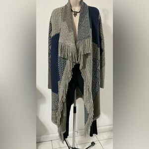 NIC+ZOE Fringed Open Front Cardigan - Gray and Navy